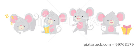 Grey Mouse Character with Huge Ears Engaged in Different Activity Vector Set 99768179