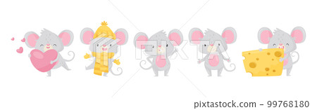 Grey Mouse Character with Huge Ears Engaged in Different Activity Vector Set 99768180