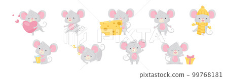 Grey Mouse Character with Huge Ears Engaged in Different Activity Vector Set 99768181