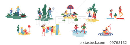 Mother and Daughter Spending Time Together Engaged in Different Activity Vector Set 99768182