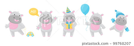 Cute Hippo Baby Boy Character with Stocky Body Engaged in Different Activity Vector Set 99768207