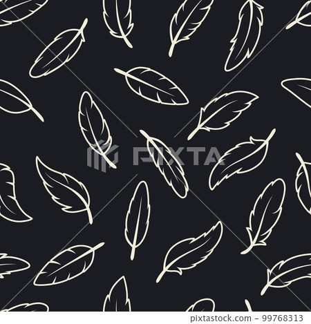 Vector Seamless Pattern with White Different Black Fluffy Feather Silhouettes on Black Background. Design Template of Flamingo, Angel, Bird Feathers for Wall Paper, Textile. Lightness, Freedom Concept Vector Seamless Pattern with White Different Black Fluffy Feather Silhouettes on Black Background. Design Template of Flamingo, Angel, Bird Feathers for Wall Paper, Textile. Lightness, Freedom Concept 99768313