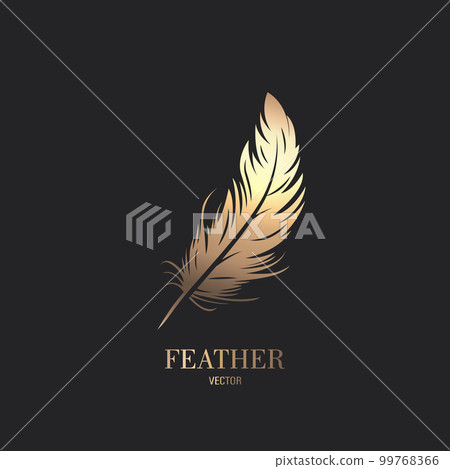 Vector Fluffy Golden Color Feather Logo Icon, Silhouette Feather Closeup Isolated. Design Template of Flamingo, Angel, Bird Feather. Lightness, Freedom Concept 99768366