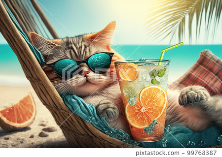 Cat wearing sunglasses on sea beach, funny pet with cocktail on vacation, generative AI. 99768387