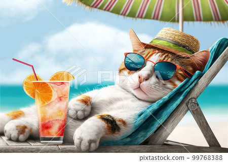 Cat wearing sunglasses on sea beach, funny pet with cocktail on vacation, generative AI. 99768388