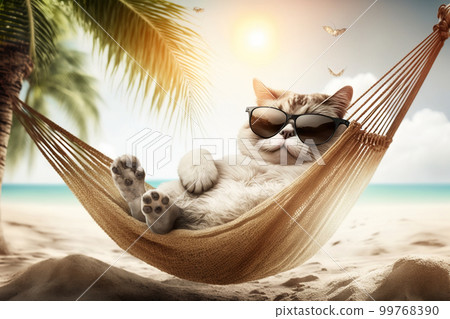Funny cat wearing sunglasses on sea beach, pet relaxes on vacation, generative AI. 99768390