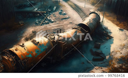 Freight train derailed, wreck of railroad cars and tanks, generative AI Freight train derailed, wreck of railroad cars and tanks, generative AI 99768416