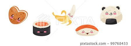 Funny Kawaii Food with Smiling Faces Vector Set 99768433