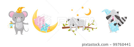 Cute Little Animals Sleeping Under Starry Sky with Crescent Vector Set 99768441