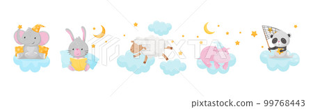 Cute Little Animals Sleeping Under Starry Sky with Crescent Vector Set Cute Little Animals Sleeping Under Starry Sky with Crescent Vector Set 99768443