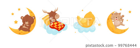Cute Little Animals Sleeping Under Starry Sky with Crescent Vector Set 99768444