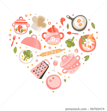 Cooking utensils in heart shape. Banner, poster, card, backdrop with cookware or kitchen utensils vector Cooking utensils in heart shape. Banner, poster, card, backdrop with cookware or kitchen utensils vector 99768474