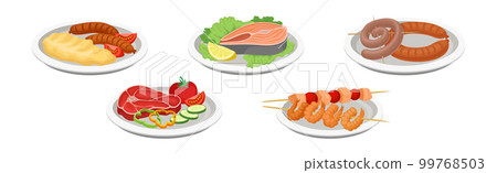 Barbecue Food with Grilled Meat and Vegetables on Plate Vector Set 99768503