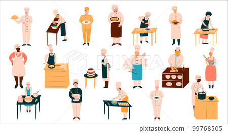 Chefs cooking in restaurant kitchen set. Professional cooks preparing food and baking tasty desserts cartoon vector illustration 99768505