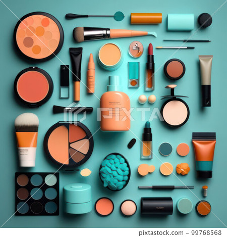 Decorative cosmetics and makeup brushes on a colored background, top view Decorative cosmetics and makeup brushes on a colored background, top view 99768568
