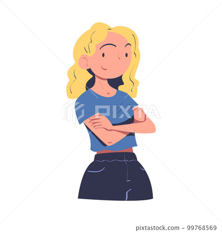 Confident Woman Character with Satisfied Face and Folded Arms Expressing Self Pride Vector Illustration Confident Woman Character with Satisfied Face and Folded Arms Expressing Self Pride Vector Illustration 99768569