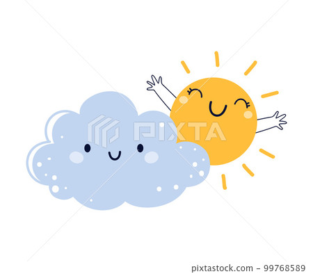 Cute Fluffy Blue Cloud and Shining Sun with Smiling Face in the Sky Vector Illustration 99768589
