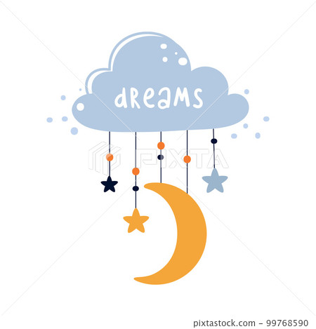 Blue Fluffy Cloud with Stars and Moon Hanging on Rope Vector Illustration 99768590