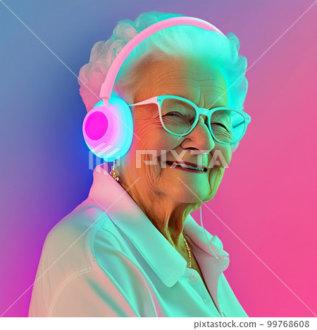 Grandma listens to music. Cool grandmother wearing headphones listening music. Forever young elderly hipster woman enjoys a favourite song Grandma listens to music. Cool grandmother wearing headphones listening music. Forever young elderly hipster woman enjoys a favourite song 99768608