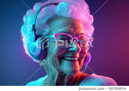 Grandma listens to music. Cool grandmother wearing headphones listening music. Forever young elderly hipster woman enjoys a favourite song Grandma listens to music. Cool grandmother wearing headphones listening music. Forever young elderly hipster woman enjoys a favourite song 99768634
