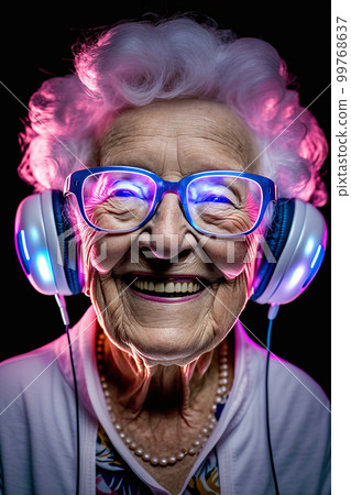 Grandma listens to music. Cool grandmother wearing headphones listening music. Forever young elderly hipster woman enjoys a favourite song Grandma listens to music. Cool grandmother wearing headphones listening music. Forever young elderly hipster woman enjoys a favourite song 99768637