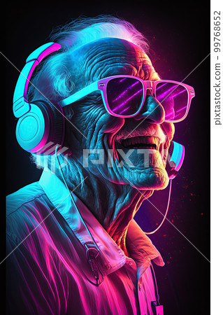 Grandpa listens to music. Cool grandfather wearing headphones listening music. Forever young elderly hipster man enjoys a favourite song 99768652