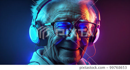 Grandpa listens to music. Cool grandfather wearing headphones listening music. Forever young elderly hipster man enjoys a favourite song Grandpa listens to music. Cool grandfather wearing headphones listening music. Forever young elderly hipster man enjoys a favourite song 99768653