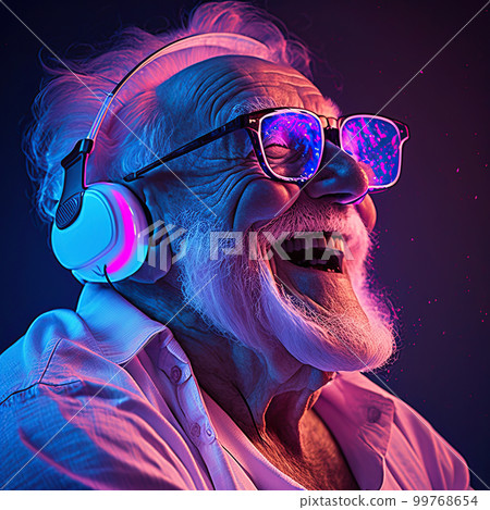 Grandpa listens to music. Cool grandfather wearing headphones listening music. Forever young elderly hipster man enjoys a favourite song Grandpa listens to music. Cool grandfather wearing headphones listening music. Forever young elderly hipster man enjoys a favourite song 99768654