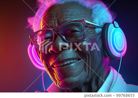 Grandpa listens to music. Cool grandfather wearing headphones listening music. Forever young elderly hipster man enjoys a favourite song Grandpa listens to music. Cool grandfather wearing headphones listening music. Forever young elderly hipster man enjoys a favourite song 99768655