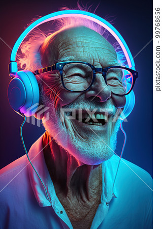Grandpa listens to music. Cool grandfather wearing headphones listening music. Forever young elderly hipster man enjoys a favourite song 99768656