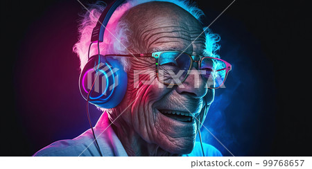 Grandpa listens to music. Cool grandfather wearing headphones listening music. Forever young elderly hipster man enjoys a favourite song Grandpa listens to music. Cool grandfather wearing headphones listening music. Forever young elderly hipster man enjoys a favourite song 99768657