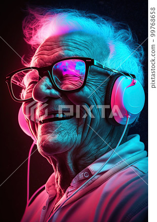 Grandpa listens to music. Cool grandfather wearing headphones listening music. Forever young elderly hipster man enjoys a favourite song Grandpa listens to music. Cool grandfather wearing headphones listening music. Forever young elderly hipster man enjoys a favourite song 99768658