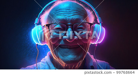 Grandpa listens to music. Cool grandfather wearing headphones listening music. Forever young elderly hipster man enjoys a favourite song Grandpa listens to music. Cool grandfather wearing headphones listening music. Forever young elderly hipster man enjoys a favourite song 99768664