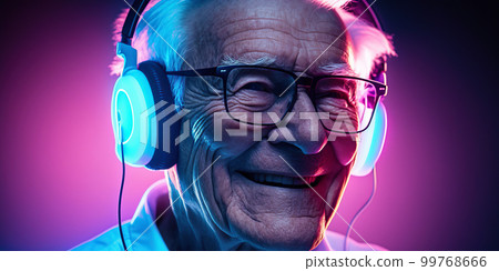 Grandpa listens to music. Cool grandfather wearing headphones listening music. Forever young elderly hipster man enjoys a favourite song Grandpa listens to music. Cool grandfather wearing headphones listening music. Forever young elderly hipster man enjoys a favourite song 99768666
