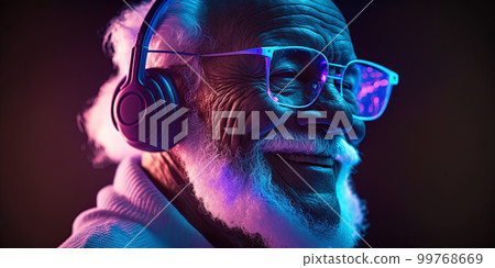 Grandpa listens to music. Cool grandfather wearing headphones listening music. Forever young elderly hipster man enjoys a favourite song Grandpa listens to music. Cool grandfather wearing headphones listening music. Forever young elderly hipster man enjoys a favourite song 99768669