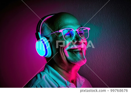 Grandpa listens to music. Cool grandfather wearing headphones listening music. Forever young elderly hipster man enjoys a favourite song Grandpa listens to music. Cool grandfather wearing headphones listening music. Forever young elderly hipster man enjoys a favourite song 99768676