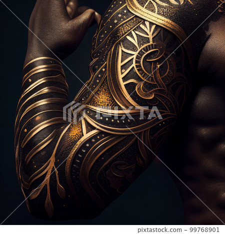 Unusual beautiful golden tattoo on a dark-skinned strong male hand close-up, for advertising tattoo parlors, beauty salons 99768901