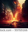 a human figure on a street in the city The apocalypse after a nuclear strike, everything is burning and smoking AI Generated 99769166