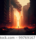 a human figure on a street in the city The apocalypse after a nuclear strike, everything is burning and smoking AI Generated 99769167