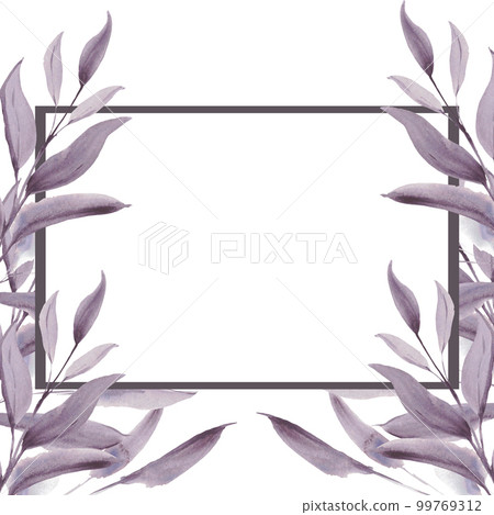 Frame. Watercolor purple leaves. A set elements on a white background. Tree leaf and branch. 99769312