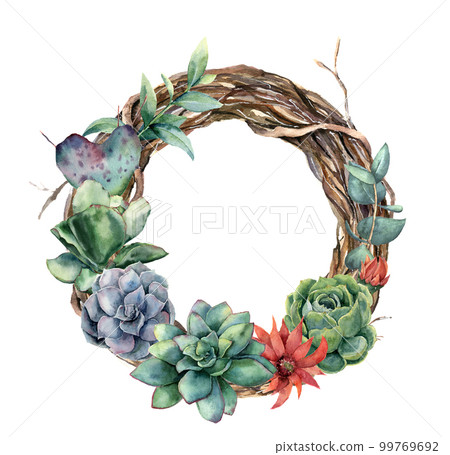 Watercolor tree wreath with cactus and succulent. Hand painted opuntia, echeveria, eucalyptus leaves with succulent isolated on white background. Illustration for design, print, fabric or background. Watercolor tree wreath with cactus and succulent. Hand painted opuntia, echeveria, eucalyptus leaves with succulent isolated on white background. Illustration for design, print, fabric or background. 99769692