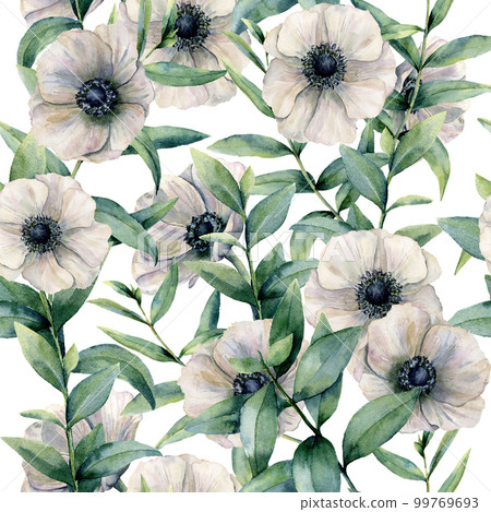 Watercolor seamless pattern with classic anemone. Hand painted white flower abd eucalyptus leaves isolated on white background. Illustration for design, fabric, print or background. Watercolor seamless pattern with classic anemone. Hand painted white flower abd eucalyptus leaves isolated on white background. Illustration for design, fabric, print or background. 99769693
