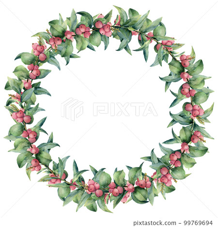 Watercolor berry and eucalyptus wreath. Hand painted pink berry and eucalyptus leaves on white background. Illustration for design, print, fabric or background. Watercolor berry and eucalyptus wreath. Hand painted pink berry and eucalyptus leaves on white background. Illustration for design, print, fabric or background. 99769694