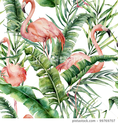 Watercolor tropical pattern with palm leaves and flamingo. Hand painted greenery exotic branch and leaves on white background. Botanical illustration for design, print, fabric or background. Watercolor tropical pattern with palm leaves and flamingo. Hand painted greenery exotic branch and leaves on white background. Botanical illustration for design, print, fabric or background. 99769707