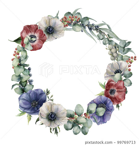 Watercolor wreath with eucalyptus leaves and flowers. Hand painted eucalyptus branch, red, white and blue anemones, berries isolated on white background. Floral botanical illustration for design. 99769713