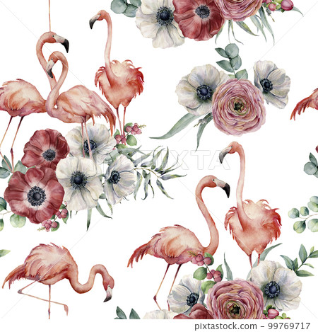 Watercolor flamingo with ranunculus and anemone seamless pattern. Hand painted exotic birds with eucalyptus leaves isolated on white background. Wildlife illustration for design or background. Watercolor flamingo with ranunculus and anemone seamless pattern. Hand painted exotic birds with eucalyptus leaves isolated on white background. Wildlife illustration for design or background. 99769717