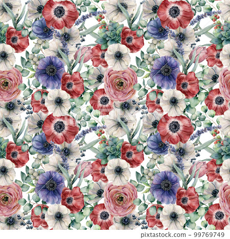 Watercolor seamless pattern with eucalyptus leaves and flowers. Hand painted red, white and blue anemones, ranunculus, berries isolated on white background. Floral botanical illustration for design. 99769749