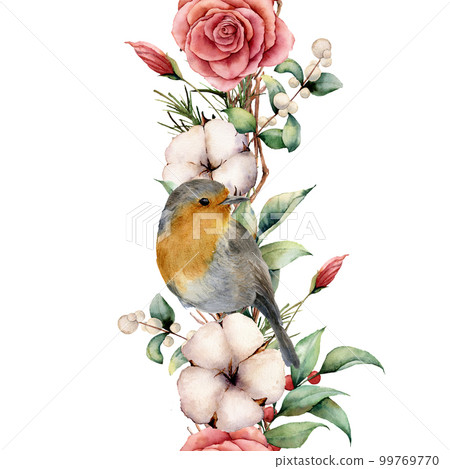 Watercolor vertical border with robin and flowers. Hand painted tree border, cotton, branch, dahlia, berries and leaves, lagurus isolated on white background. Illustration for design or background. 99769770