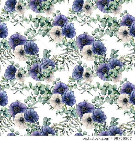 Watercolor seamless pattern with blue and white anemone, eucalyptus leaves. Hand painted anemones, green brunch on white background. Floral botanical illustration for design, print or background. 99769867