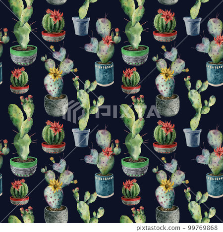 Watercolor cactus in a pot seamless pattern. Hand painted opuntia, cereus in a green, red and blue pot isolated on dark blue background. Illustration for design, fabric, print or background. Watercolor cactus in a pot seamless pattern. Hand painted opuntia, cereus in a green, red and blue pot isolated on dark blue background. Illustration for design, fabric, print or background. 99769868